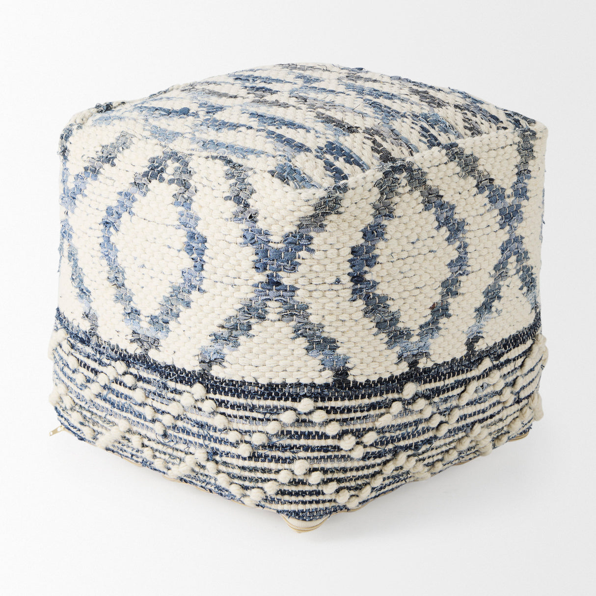 Eshana 16.0L x 16.0W x 16.0H Cream Wool and Denim Patterned Pouf from Mercana - Luna Furniture
