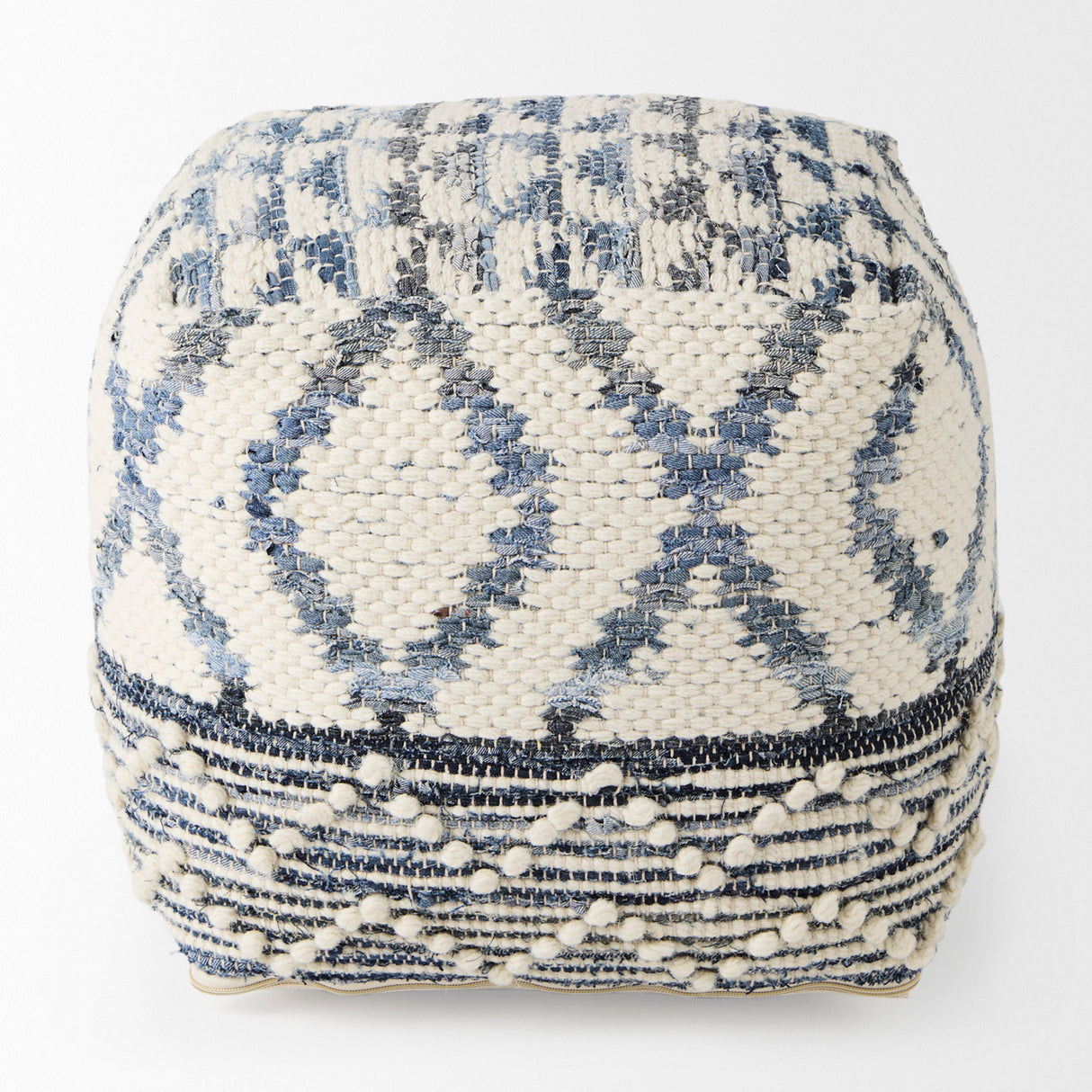 Eshana 16.0L x 16.0W x 16.0H Cream Wool and Denim Patterned Pouf from Mercana - Luna Furniture
