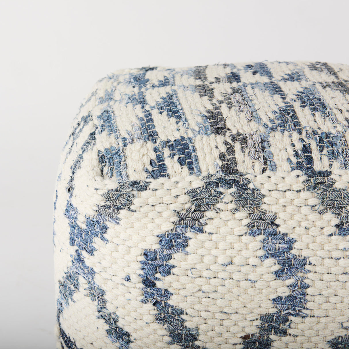 Eshana 16.0L x 16.0W x 16.0H Cream Wool and Denim Patterned Pouf from Mercana - Luna Furniture