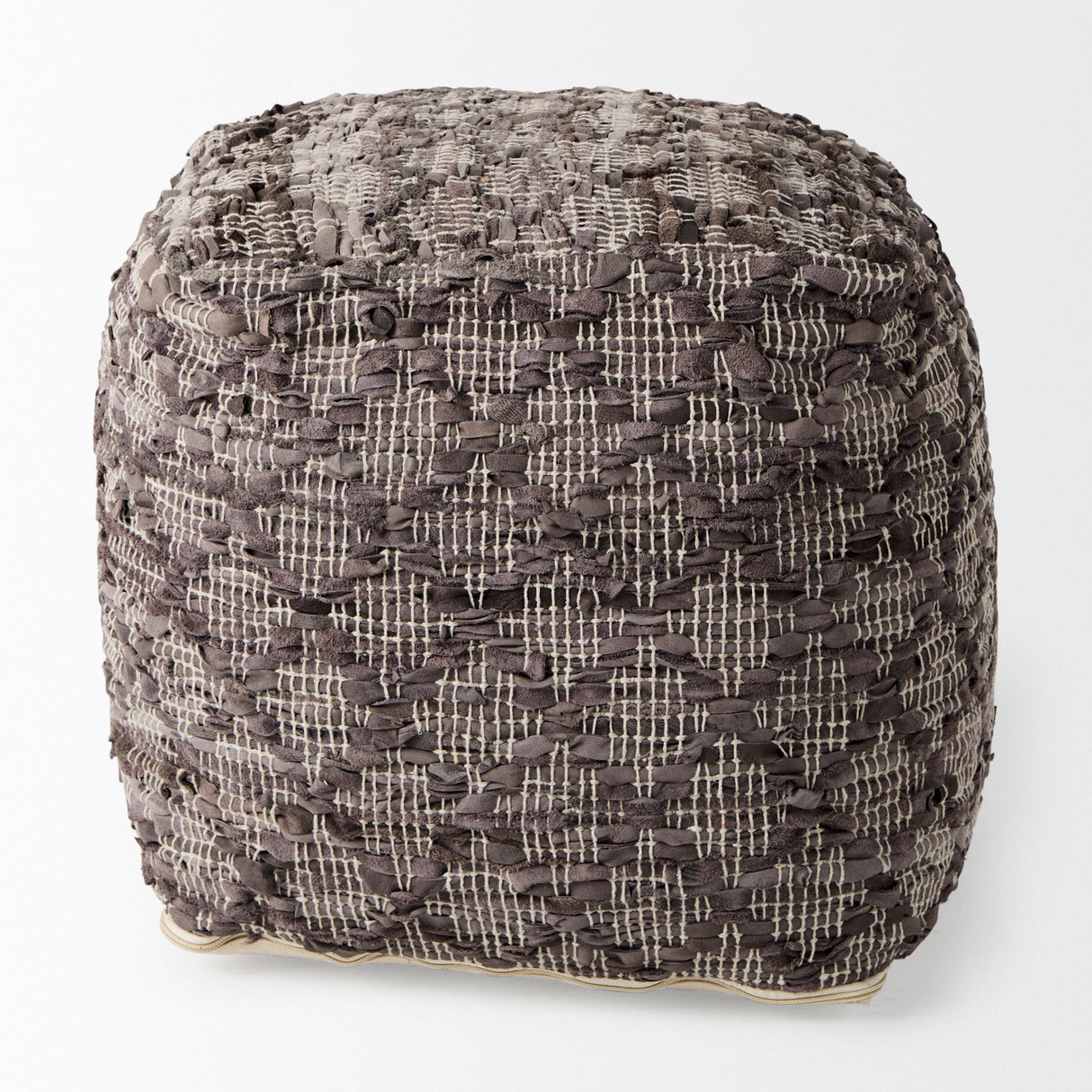 Falguni 16.0L x 16.0W x 16.0H Gray Leather and Cotton Patterned Pouf from Mercana - Luna Furniture