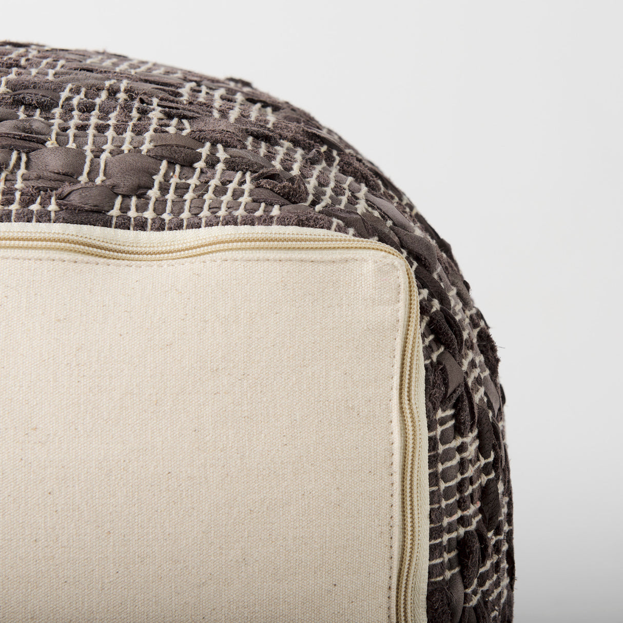 Falguni 16.0L x 16.0W x 16.0H Gray Leather and Cotton Patterned Pouf from Mercana - Luna Furniture