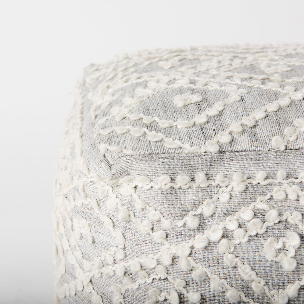Farida 6.0L x 16.0W x 16.0H Light Gray Wool and Polyester Patterned Pouf from Mercana - Luna Furniture