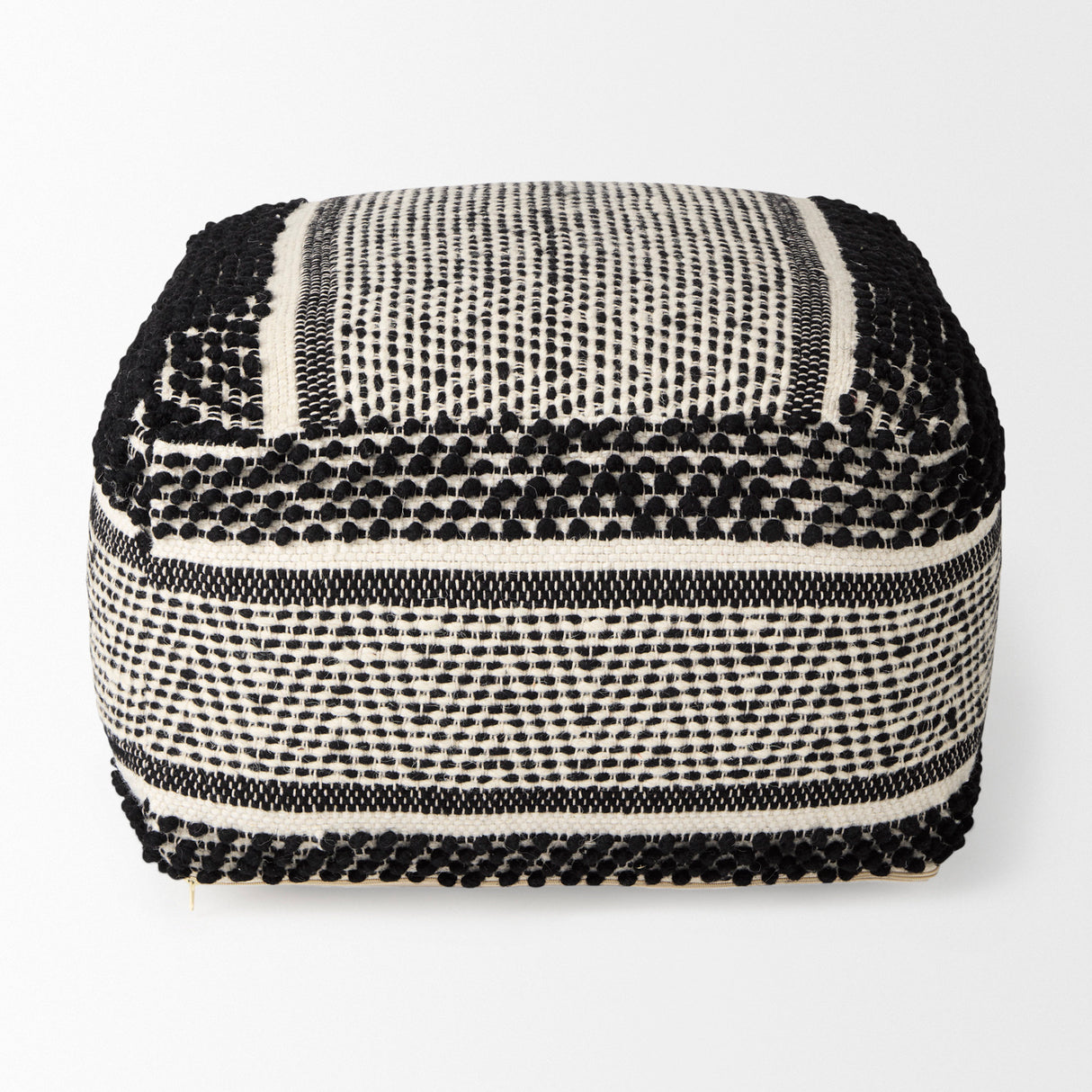 Garima 22.0L x 22.0W x 14.0H Black/White Wool and Cotton Patterned Pouf from Mercana - Luna Furniture