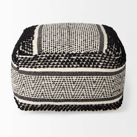 Garima 22.0L x 22.0W x 14.0H Black/White Wool and Cotton Patterned Pouf from Mercana - Luna Furniture