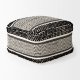 Garima 22.0L x 22.0W x 14.0H Black/White Wool and Cotton Patterned Pouf from Mercana - Luna Furniture