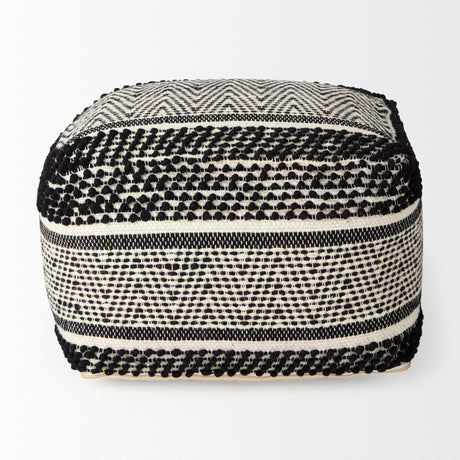 Garima 22.0L x 22.0W x 14.0H Black/White Wool and Cotton Patterned Pouf from Mercana - Luna Furniture