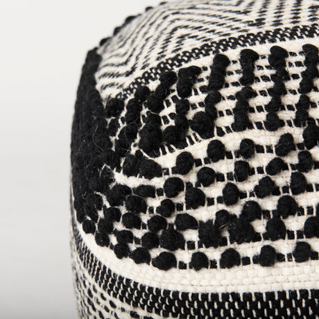 Garima 22.0L x 22.0W x 14.0H Black/White Wool and Cotton Patterned Pouf from Mercana - Luna Furniture