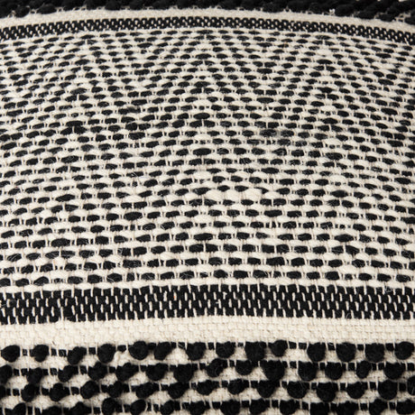 Garima 22.0L x 22.0W x 14.0H Black/White Wool and Cotton Patterned Pouf from Mercana - Luna Furniture