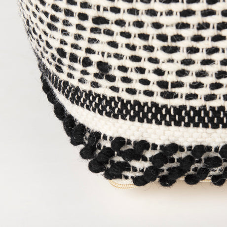 Garima 22.0L x 22.0W x 14.0H Black/White Wool and Cotton Patterned Pouf from Mercana - Luna Furniture