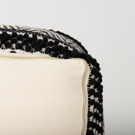 Garima 22.0L x 22.0W x 14.0H Black/White Wool and Cotton Patterned Pouf from Mercana - Luna Furniture