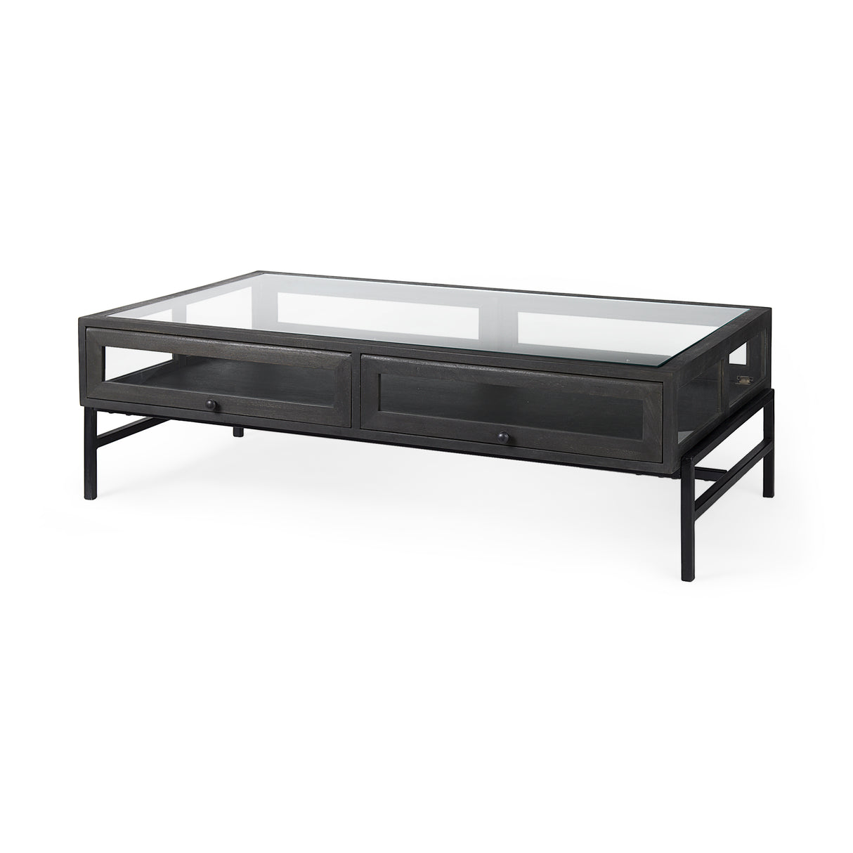 Arelius 42"L Rectangular Glass-Top Black-Brown Wood w/ Black Metal Base Display Coffee Table from Mercana - Luna Furniture