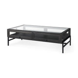 Arelius 42"L Rectangular Glass-Top Black-Brown Wood w/ Black Metal Base Display Coffee Table from Mercana - Luna Furniture