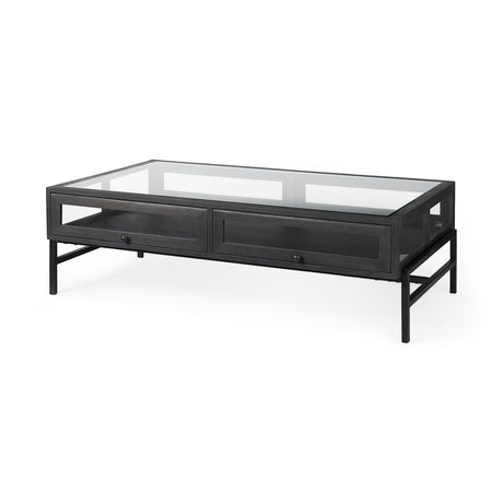 Arelius 42"L Rectangular Glass-Top Black-Brown Wood w/ Black Metal Base Display Coffee Table from Mercana - Luna Furniture
