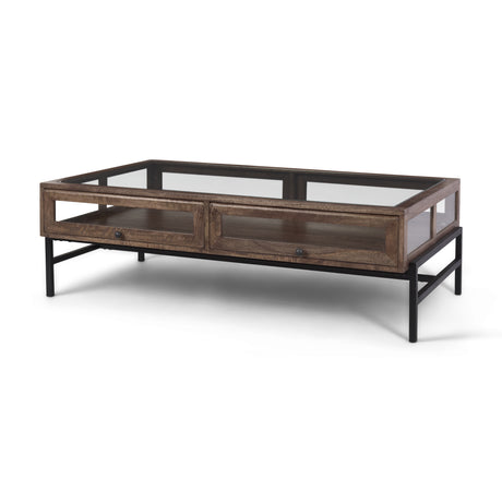 Arelius Rectangular Glass-Top Medium Brown Wood w/ Black Metal Base Display Coffee Table from Mercana - Luna Furniture