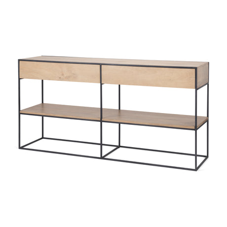 Morris 63.0L x 15.0W x 31.0H Beige Wood w/ Black Metal Frame 2 Drawer Console Table from Mercana - Luna Furniture
