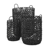 Lola (Set of 3) Black Water Hyacinth Zig Zag Weave Round Basket W/ Handles from Mercana - Luna Furniture