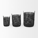 Lola (Set of 3) Black Water Hyacinth Zig Zag Weave Round Basket W/ Handles from Mercana - Luna Furniture