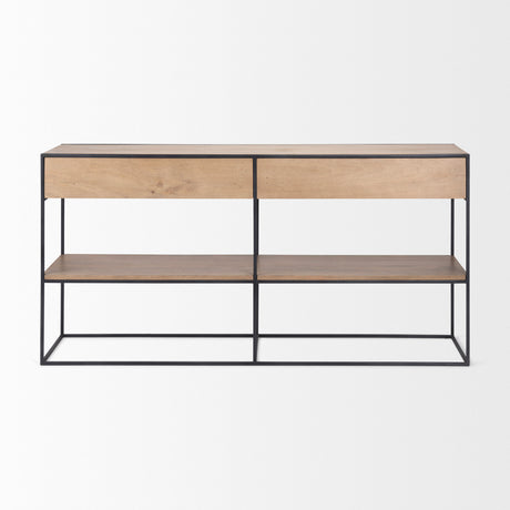 Morris 63.0L x 15.0W x 31.0H Beige Wood w/ Black Metal Frame 2 Drawer Console Table from Mercana - Luna Furniture