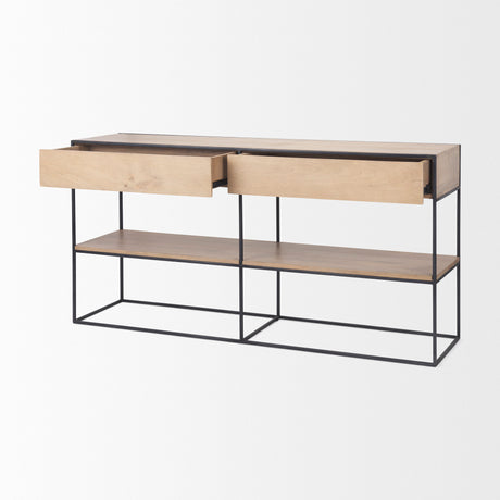 Morris 63.0L x 15.0W x 31.0H Beige Wood w/ Black Metal Frame 2 Drawer Console Table from Mercana - Luna Furniture