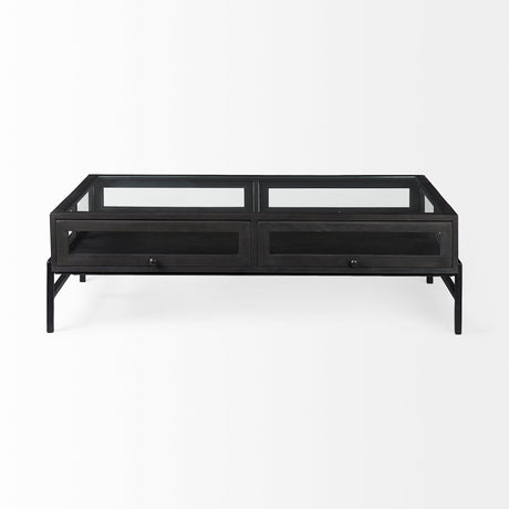 Arelius 42"L Rectangular Glass-Top Black-Brown Wood w/ Black Metal Base Display Coffee Table from Mercana - Luna Furniture