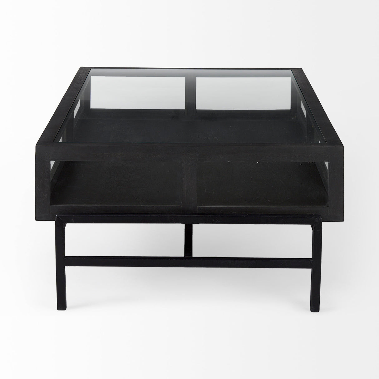 Arelius 42"L Rectangular Glass-Top Black-Brown Wood w/ Black Metal Base Display Coffee Table from Mercana - Luna Furniture