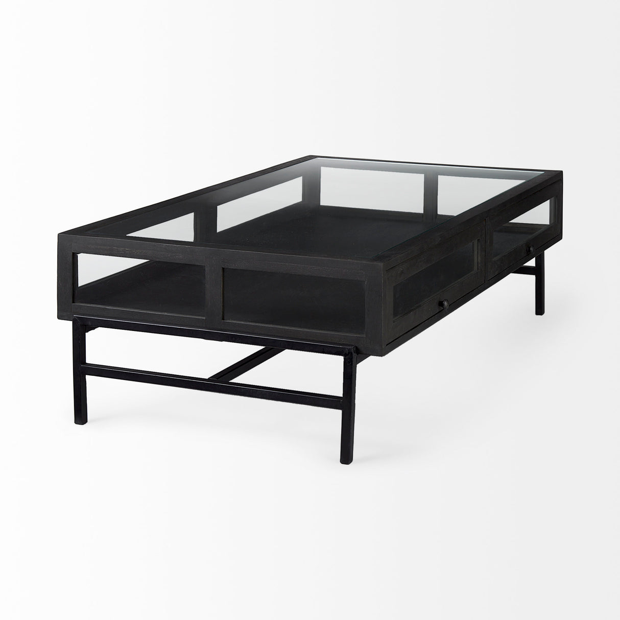 Arelius 42"L Rectangular Glass-Top Black-Brown Wood w/ Black Metal Base Display Coffee Table from Mercana - Luna Furniture