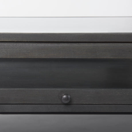Arelius 42"L Rectangular Glass-Top Black-Brown Wood w/ Black Metal Base Display Coffee Table from Mercana - Luna Furniture