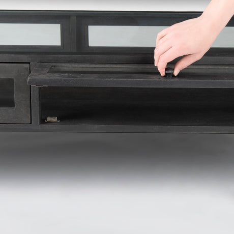 Arelius 42"L Rectangular Glass-Top Black-Brown Wood w/ Black Metal Base Display Coffee Table from Mercana - Luna Furniture