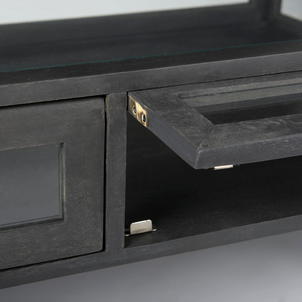 Arelius 42"L Rectangular Glass-Top Black-Brown Wood w/ Black Metal Base Display Coffee Table from Mercana - Luna Furniture