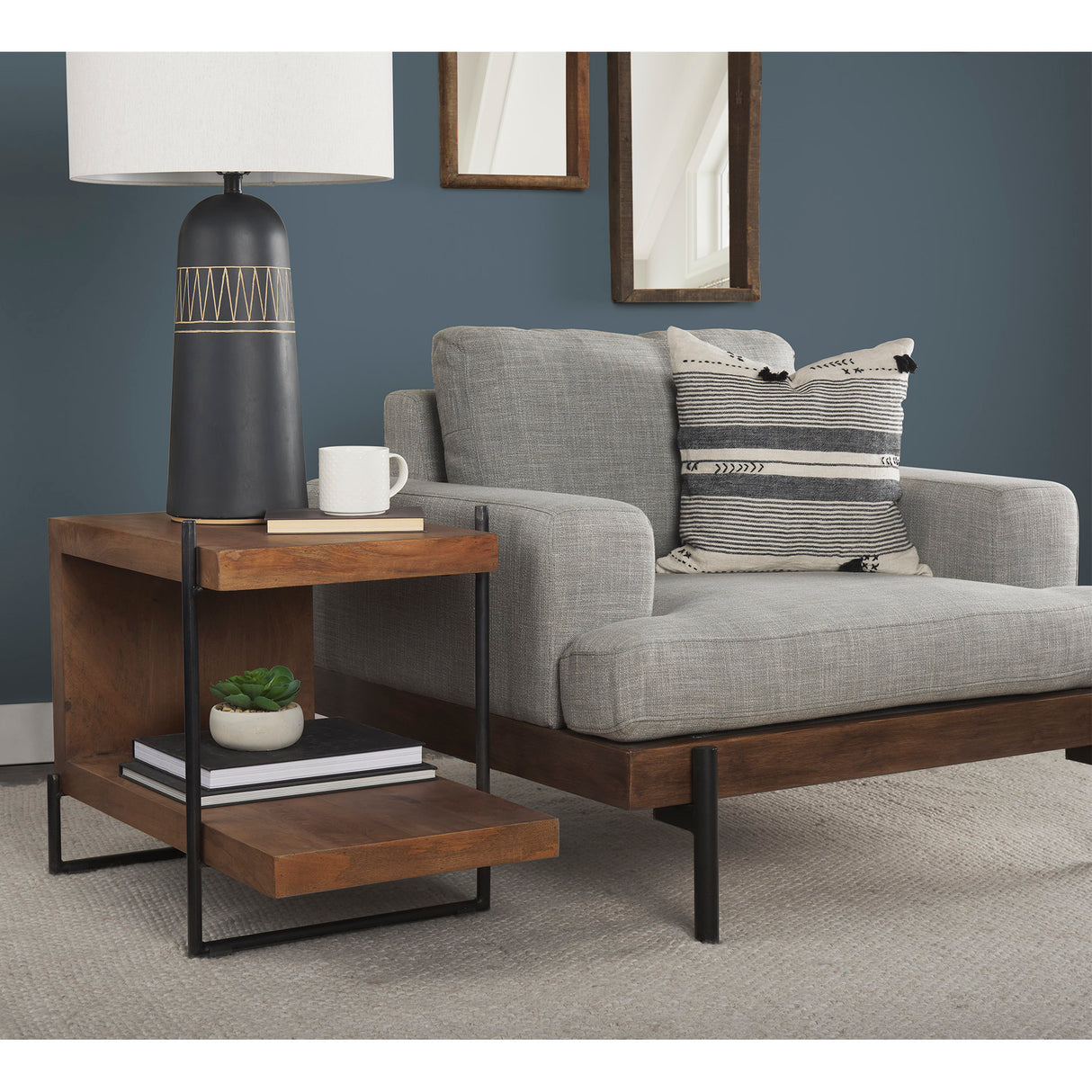 Maddox 30L x 18W x 22H Medium Brown Wood w/ Black Metal U-shaped End/Side Table from Mercana - Luna Furniture