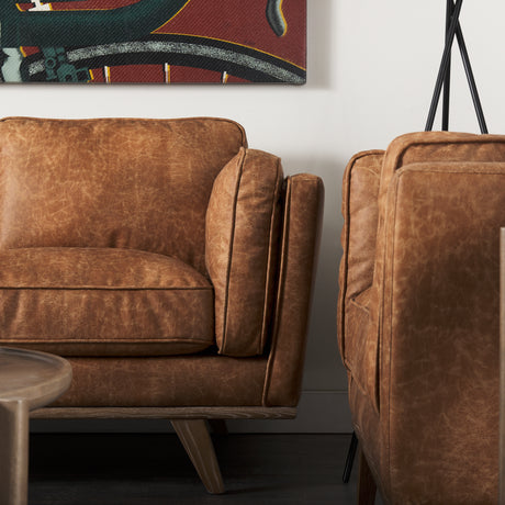 Brooks 90.2L x 34.8W x 33.5H Cognac Brown Faux Leather Three Seater Sofa W/ Medium Brown Wooden Legs from Mercana - Luna Furniture
