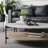 Larkin 48" Oval White Marble Top and Solid Wood Shelf w/ Black Metal Frame Coffee Table from Mercana - Luna Furniture