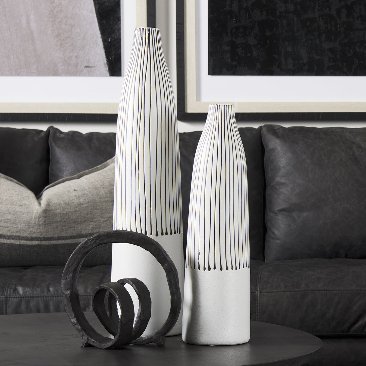 Kira I Small White Pinstripe Ceramic Vase from Mercana - Luna Furniture