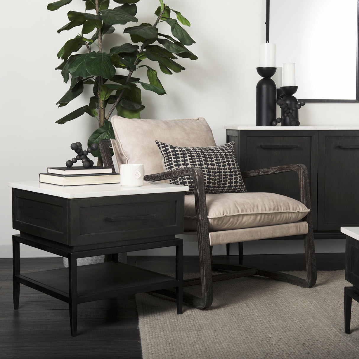 Divina Black-Brown Wood w/ White Marble Top and Black Metal Base 1 Drawer Side Table from Mercana - Luna Furniture