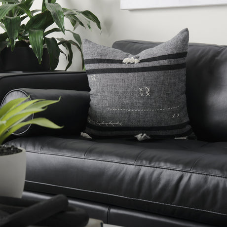 Sibyl 18L x 18W Black Fabric Striped and White Fringed Decorative Pillow Cover from Mercana - Luna Furniture