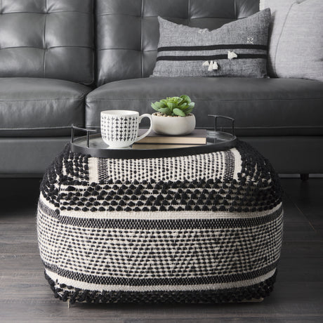 Garima 22.0L x 22.0W x 14.0H Black/White Wool and Cotton Patterned Pouf from Mercana - Luna Furniture