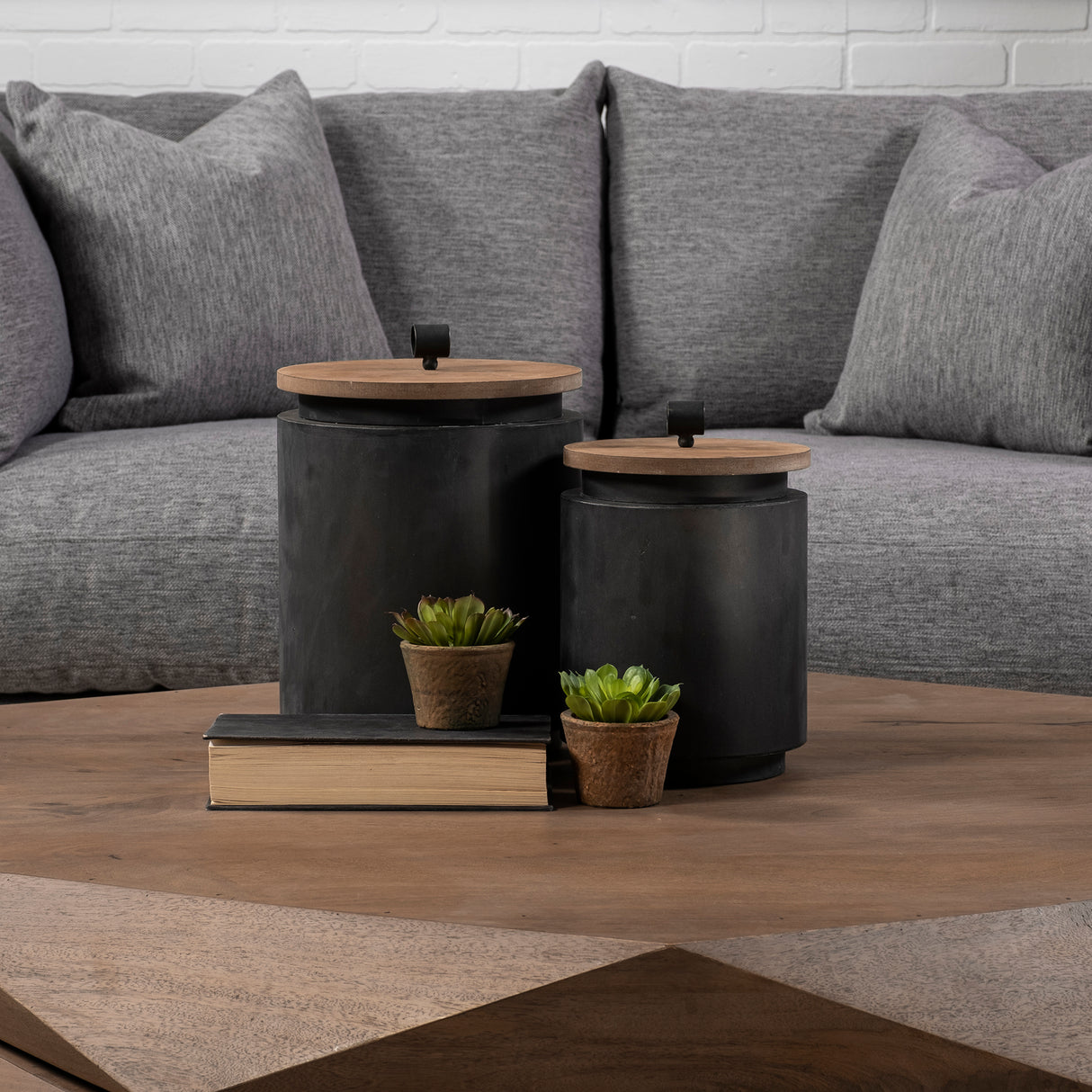 Cyril (Set of 2) Gray Metal W/ Brown Wood Lids Jars from Mercana - Luna Furniture