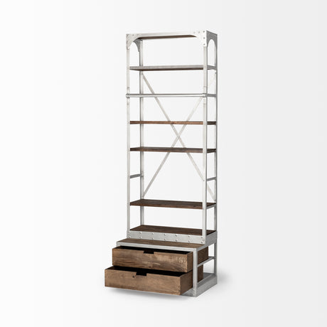 Brodie III 32L x 22W x 94H Medium Brown Wood Silver Accent Four Shelf Shelving Unit from Mercana - Luna Furniture