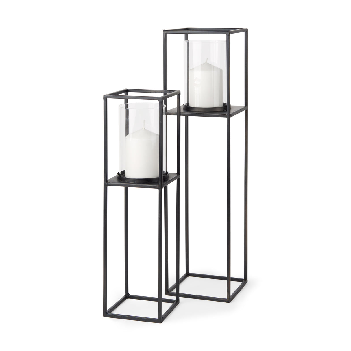 Cindy Set of 2 Matte Black Metal and Hurricane Glass Pillar Tabletop Candle Holders from Mercana - Luna Furniture