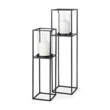 Cindy Set of 2 Matte Black Metal and Hurricane Glass Pillar Tabletop Candle Holders from Mercana - Luna Furniture