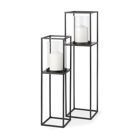 Cindy Set of 2 Matte Black Metal and Hurricane Glass Pillar Tabletop Candle Holders from Mercana - Luna Furniture