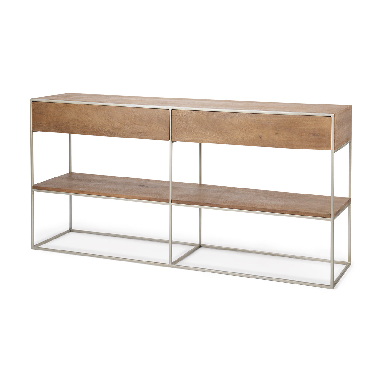 Morris I 63L x 15W x 31H Brown Wood w/ Silver Metal Frame 2 Drawer Console Table from Mercana - Luna Furniture