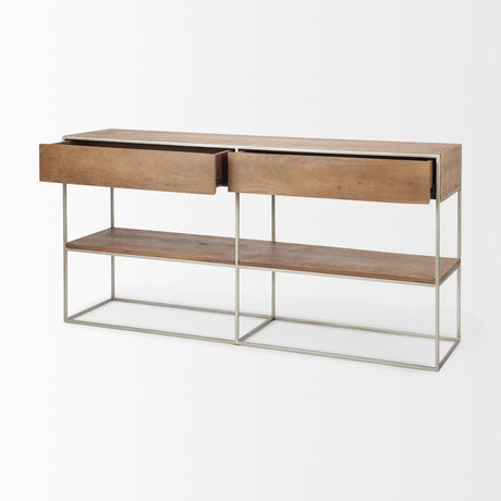 Morris I 63L x 15W x 31H Brown Wood w/ Silver Metal Frame 2 Drawer Console Table from Mercana - Luna Furniture