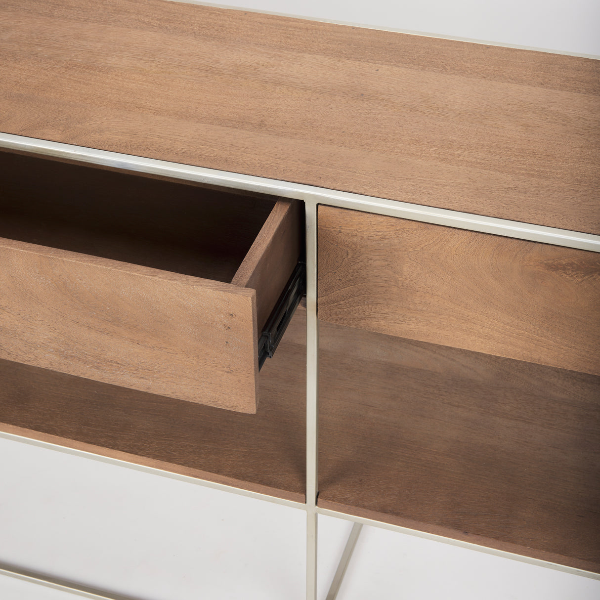 Morris I 63L x 15W x 31H Brown Wood w/ Silver Metal Frame 2 Drawer Console Table from Mercana - Luna Furniture