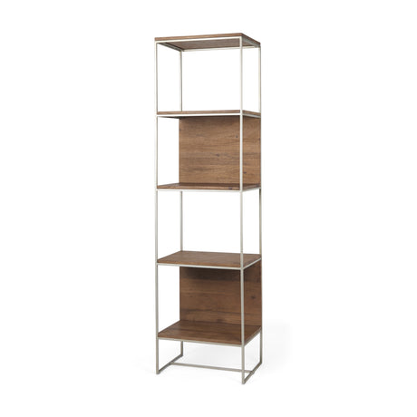 Morris II 19.75 x 15 x 72.5 Brown Wood and Silver Metal Frame 4 Shelf Shelving Unit from Mercana - Luna Furniture