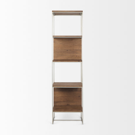 Morris II 19.75 x 15 x 72.5 Brown Wood and Silver Metal Frame 4 Shelf Shelving Unit from Mercana - Luna Furniture