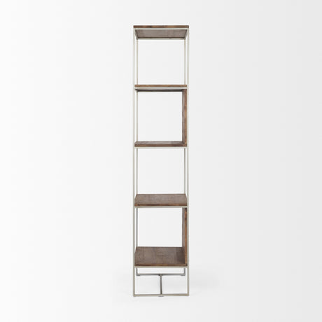 Morris II 19.75 x 15 x 72.5 Brown Wood and Silver Metal Frame 4 Shelf Shelving Unit from Mercana - Luna Furniture