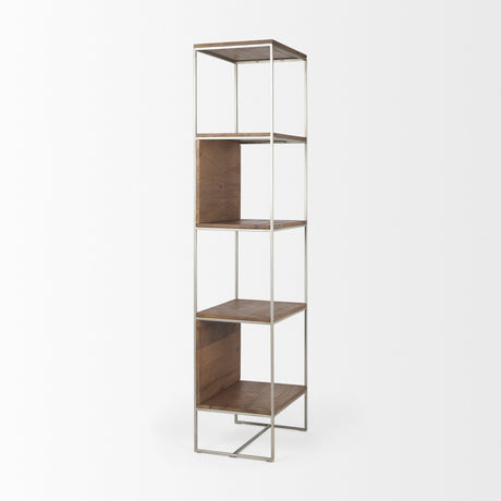 Morris II 19.75 x 15 x 72.5 Brown Wood and Silver Metal Frame 4 Shelf Shelving Unit from Mercana - Luna Furniture