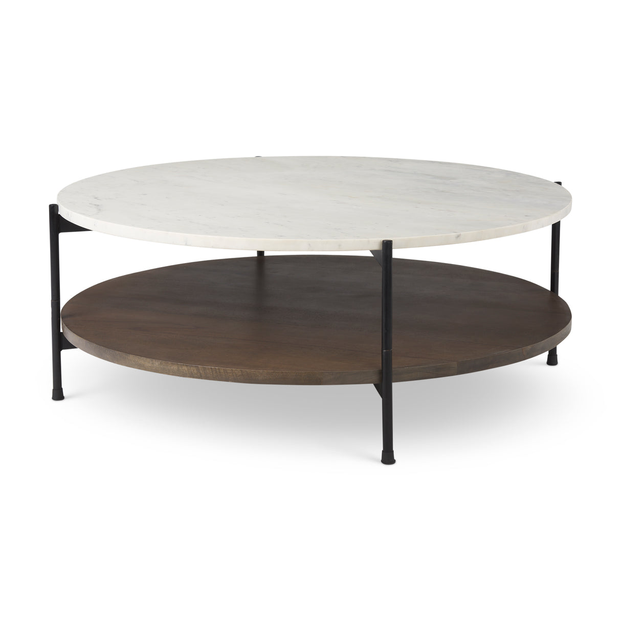 Larkin 42" Round Two-Tier White Marble Top and Solid Wood Shelf w/ Black Metal Frame Coffee Table from Mercana - Luna Furniture