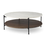 Larkin 42" Round Two-Tier White Marble Top and Solid Wood Shelf w/ Black Metal Frame Coffee Table from Mercana - Luna Furniture